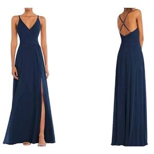After Six 1557 by Dessy Faux Wrap Criss Cross Back Maxi Dress, Deep Blue, Size 8